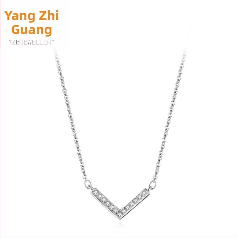 925 sudraba V-formas kulons ar pilniem diamantiem, minimālistisks stils, kakla līnijas ķēde