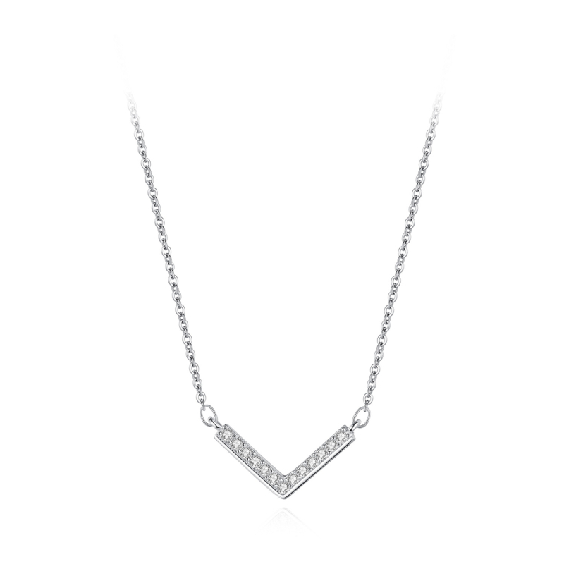 925 sudraba V-formas kulons ar pilniem diamantiem, minimālistisks stils, kakla līnijas ķēde
