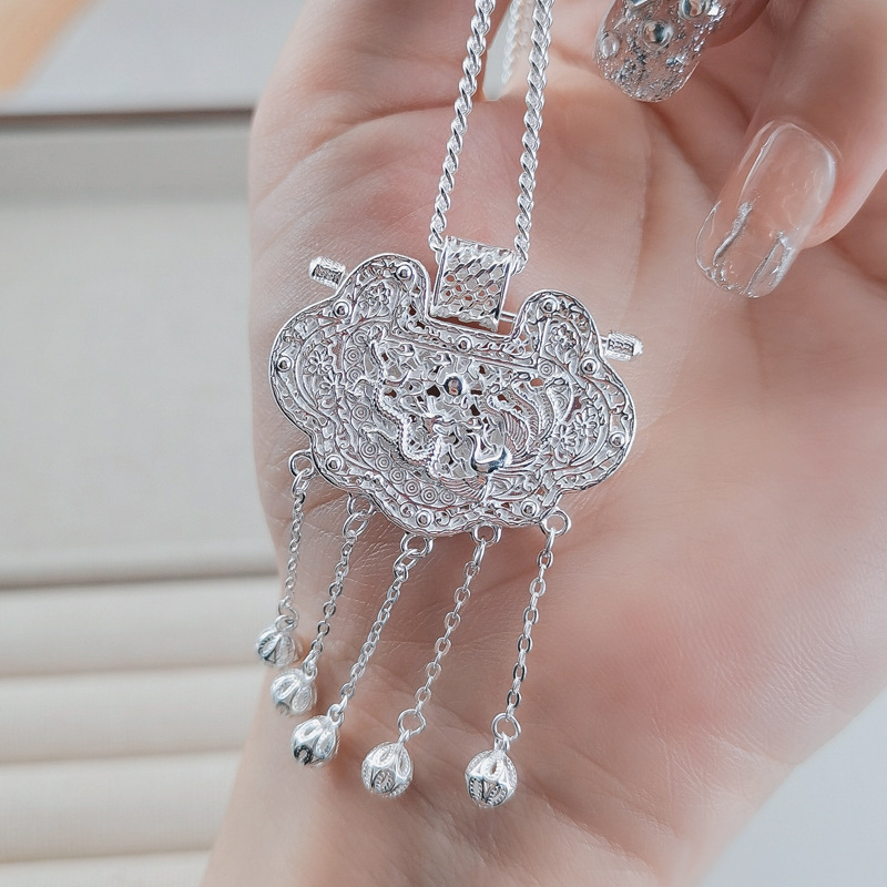 Ogrlica od Sterling srebra s privjeskom Zmaj i Feniks, bočna lanac, 16 g, Novi kineski stil