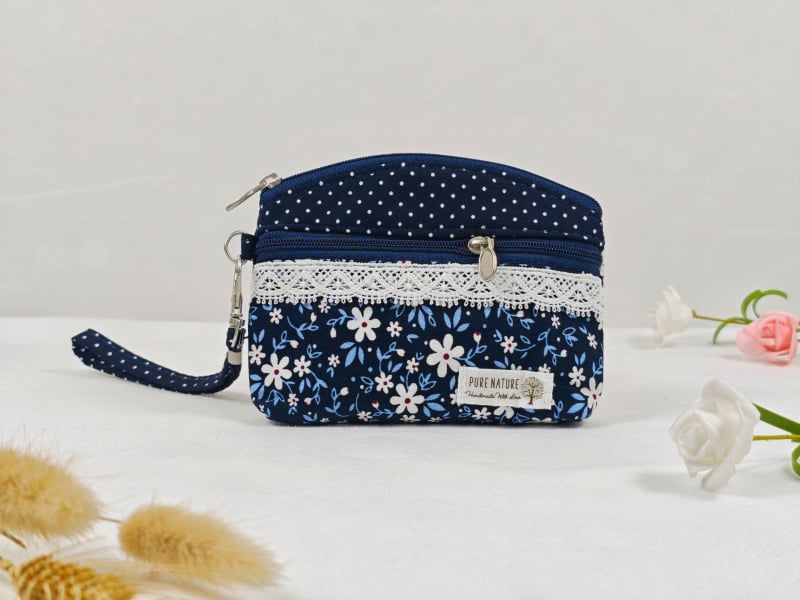 Portofel pentru monede și husă pentru chei, cu fermoar dublu, din bumbac dantelat, model floral, primăvară, respirabil, ultra-ușor, pentru depozitare