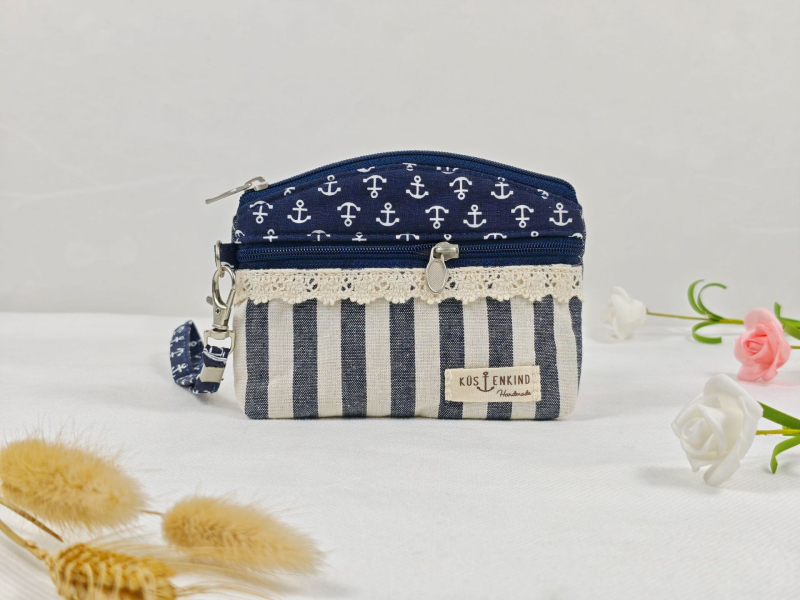 Portofel pentru monede și husă pentru chei, cu fermoar dublu, din bumbac dantelat, model floral, primăvară, respirabil, ultra-ușor, pentru depozitare