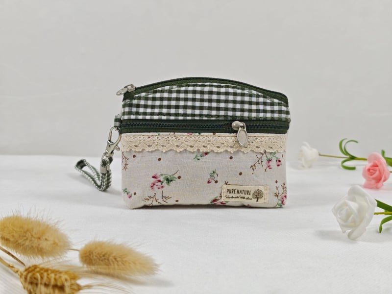 Portofel pentru monede și husă pentru chei, cu fermoar dublu, din bumbac dantelat, model floral, primăvară, respirabil, ultra-ușor, pentru depozitare