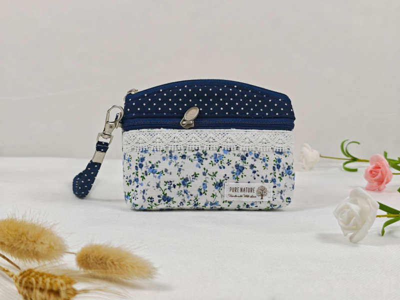 Portofel pentru monede și husă pentru chei, cu fermoar dublu, din bumbac dantelat, model floral, primăvară, respirabil, ultra-ușor, pentru depozitare