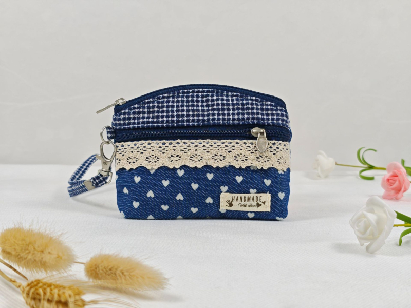 Portofel pentru monede și husă pentru chei, cu fermoar dublu, din bumbac dantelat, model floral, primăvară, respirabil, ultra-ușor, pentru depozitare