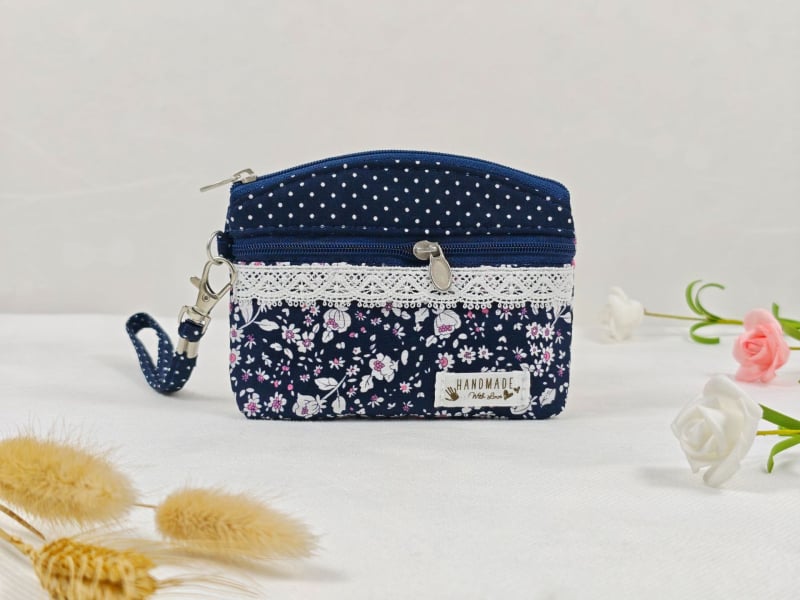 Portofel pentru monede și husă pentru chei, cu fermoar dublu, din bumbac dantelat, model floral, primăvară, respirabil, ultra-ușor, pentru depozitare