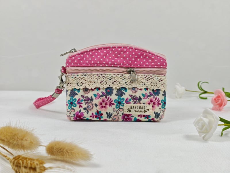 Portofel pentru monede și husă pentru chei, cu fermoar dublu, din bumbac dantelat, model floral, primăvară, respirabil, ultra-ușor, pentru depozitare