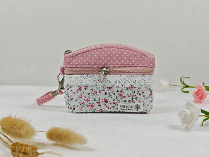 Portofel pentru monede și husă pentru chei, cu fermoar dublu, din bumbac dantelat, model floral, primăvară, respirabil, ultra-ușor, pentru depozitare