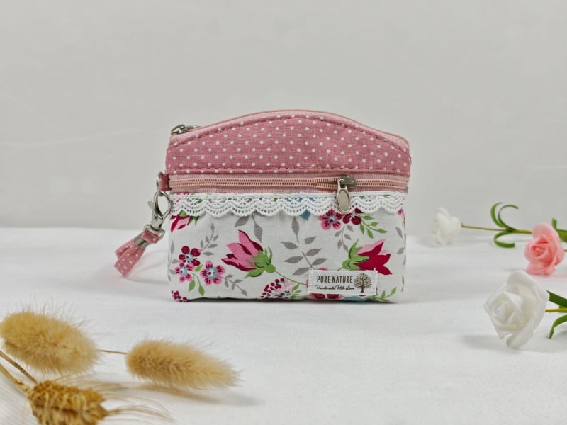 Portofel pentru monede și husă pentru chei, cu fermoar dublu, din bumbac dantelat, model floral, primăvară, respirabil, ultra-ușor, pentru depozitare