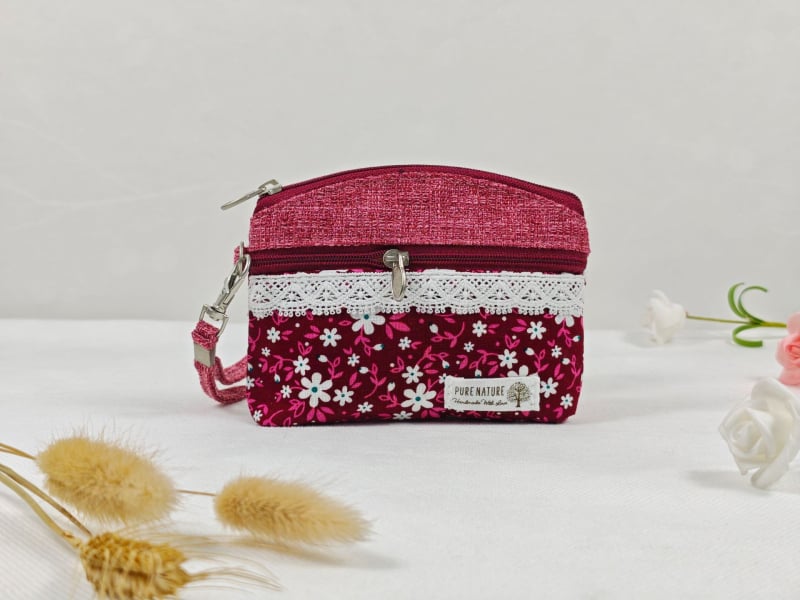 Portofel pentru monede și husă pentru chei, cu fermoar dublu, din bumbac dantelat, model floral, primăvară, respirabil, ultra-ușor, pentru depozitare