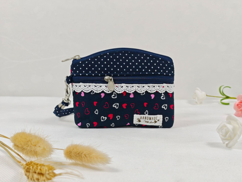 Portofel pentru monede și husă pentru chei, cu fermoar dublu, din bumbac dantelat, model floral, primăvară, respirabil, ultra-ușor, pentru depozitare