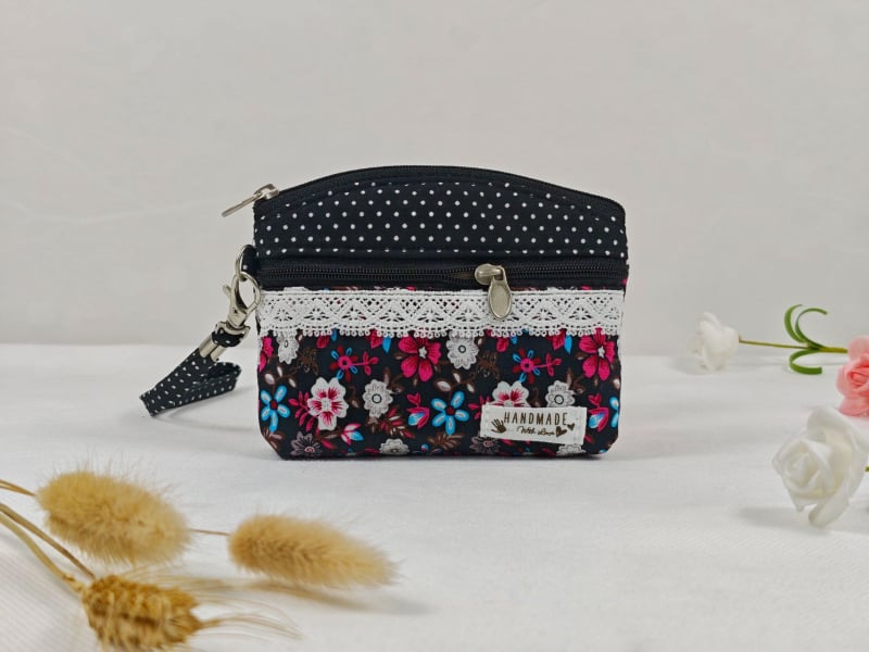 Portofel pentru monede și husă pentru chei, cu fermoar dublu, din bumbac dantelat, model floral, primăvară, respirabil, ultra-ușor, pentru depozitare