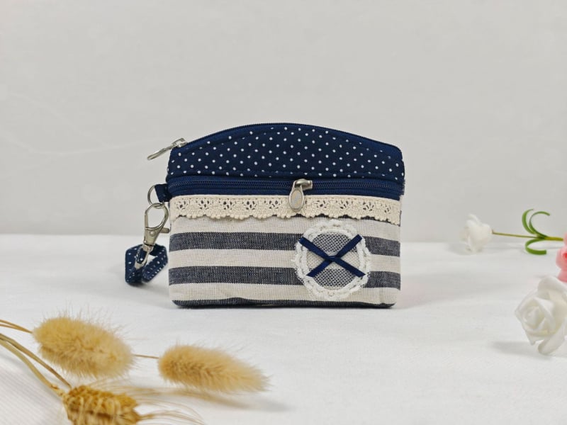 Portofel pentru monede și husă pentru chei, cu fermoar dublu, din bumbac dantelat, model floral, primăvară, respirabil, ultra-ușor, pentru depozitare