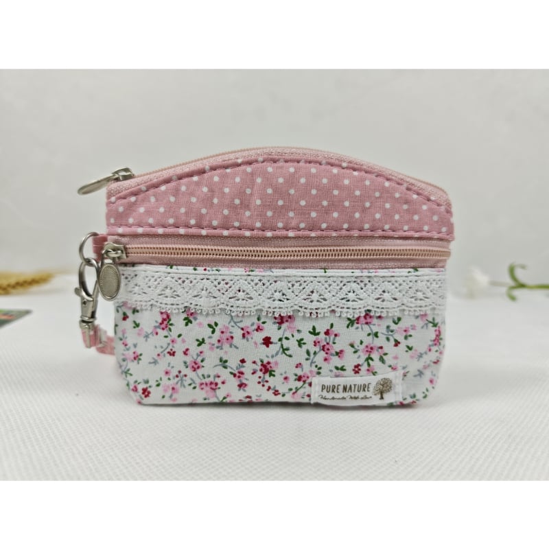 Portofel pentru monede și husă pentru chei, cu fermoar dublu, din bumbac dantelat, model floral, primăvară, respirabil, ultra-ușor, pentru depozitare