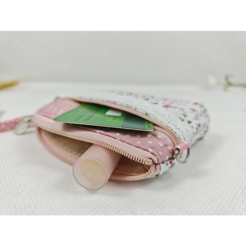 Portofel pentru monede și husă pentru chei, cu fermoar dublu, din bumbac dantelat, model floral, primăvară, respirabil, ultra-ușor, pentru depozitare