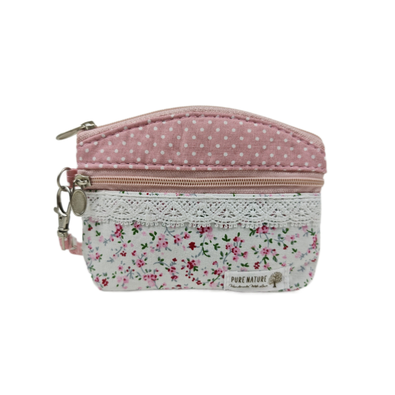 Portofel pentru monede și husă pentru chei, cu fermoar dublu, din bumbac dantelat, model floral, primăvară, respirabil, ultra-ușor, pentru depozitare