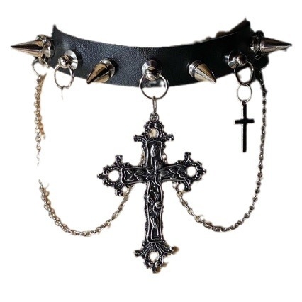 Готическо колие-чокър с кръст, метална сплав, Y2K вдъхновение, пролет 2024