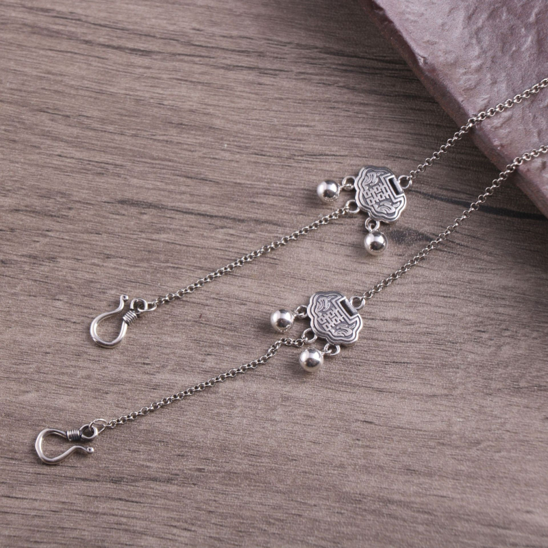 S925 Sterling Silver žensko ogrlica, vintage lanac s perlama, dvostruka sreća i dvostruko kopčanje