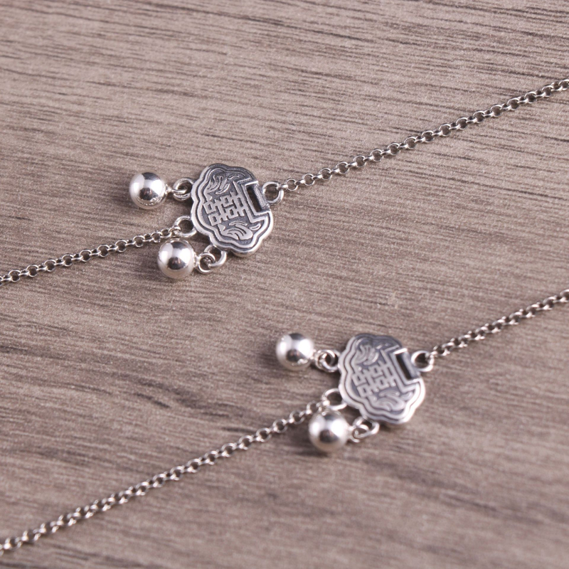 S925 Sterling Silver žensko ogrlica, vintage lanac s perlama, dvostruka sreća i dvostruko kopčanje