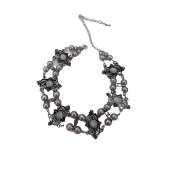 Kétrétegű nyaklánc tigrisz szemmel és gyöngyökkel, kubai lánccal, ötvözet, állítható hossz 21–50 cm, medál titánium- acélból