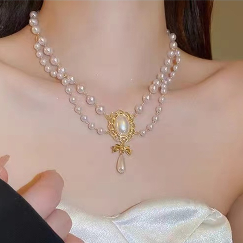 Ogrlica s dvostrukom slojem bisera, privjesak od smole, elektroplatirani završetak, geometrijski dizajn, višeslojna