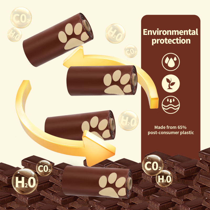 Pungi pentru gunoi de animale de companie cu aromă de ciocolată, material PE reciclat, role continue, grosime standard