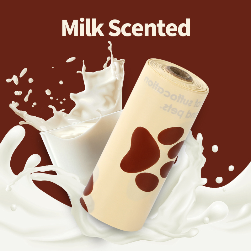 Pungi pentru gunoi de animale de companie cu aromă de ciocolată, material PE reciclat, role continue, grosime standard