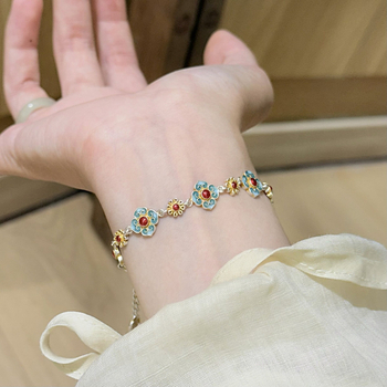 Brățară cu floare emailată, design cu patru foi, cupru alb placat cu argint, stil Nou Chinezesc, bijuterii pentru femei