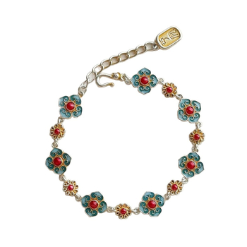 Brățară cu floare emailată, design cu patru foi, cupru alb placat cu argint, stil Nou Chinezesc, bijuterii pentru femei