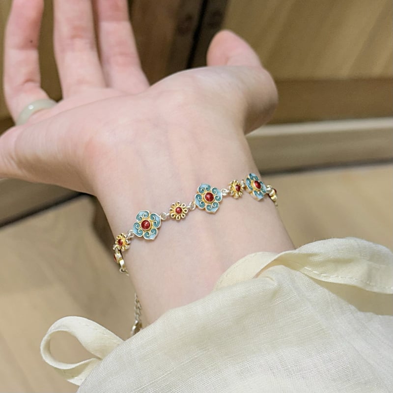 Brățară cu floare emailată, design cu patru foi, cupru alb placat cu argint, stil Nou Chinezesc, bijuterii pentru femei