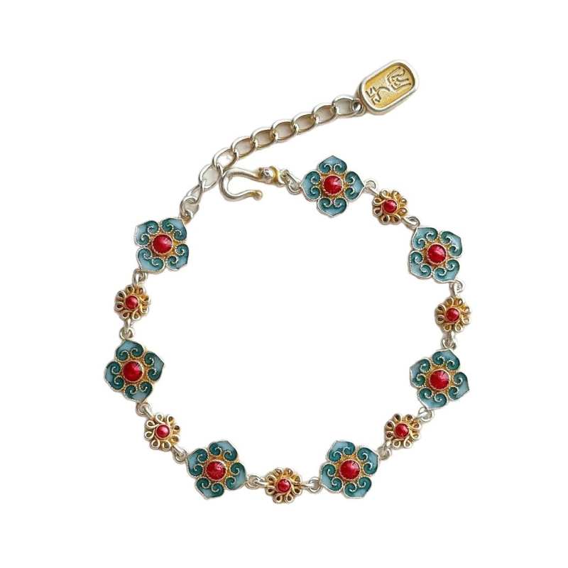 Brățară cu floare emailată, design cu patru foi, cupru alb placat cu argint, stil Nou Chinezesc, bijuterii pentru femei