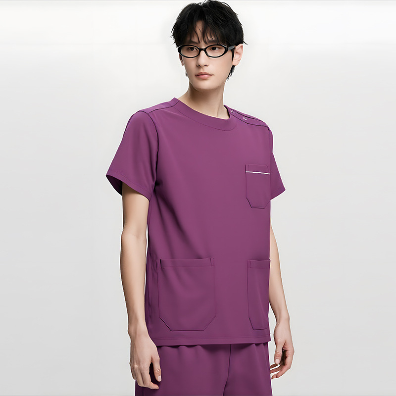Dingshang Set scrubs medical, unisex, mâneci lungi, guler rotund, material elastic și uscat rapid (top + pantaloni), 90–95% spandex pe poliester
