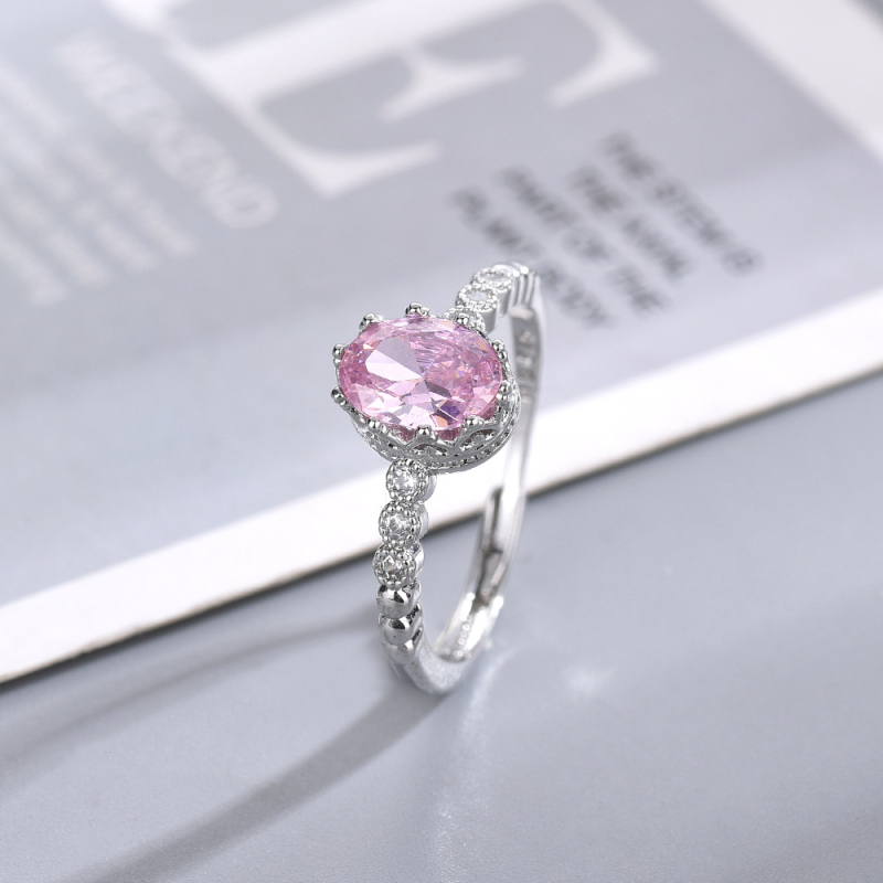 Ženski otvoreni prsten s krunom, ružičasti simulirani topaz, prinčevski stil, elegantan nakit