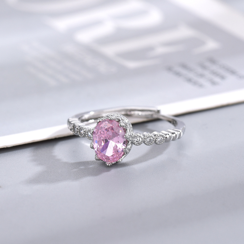 Ženski otvoreni prsten s krunom, ružičasti simulirani topaz, prinčevski stil, elegantan nakit