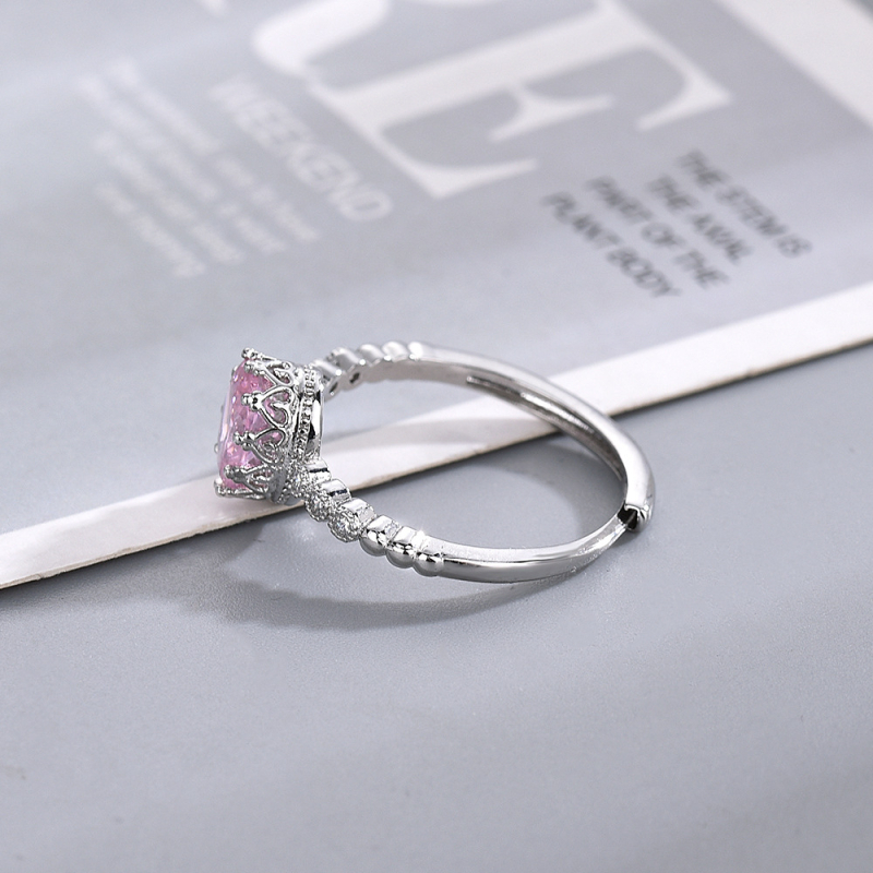 Ženski otvoreni prsten s krunom, ružičasti simulirani topaz, prinčevski stil, elegantan nakit