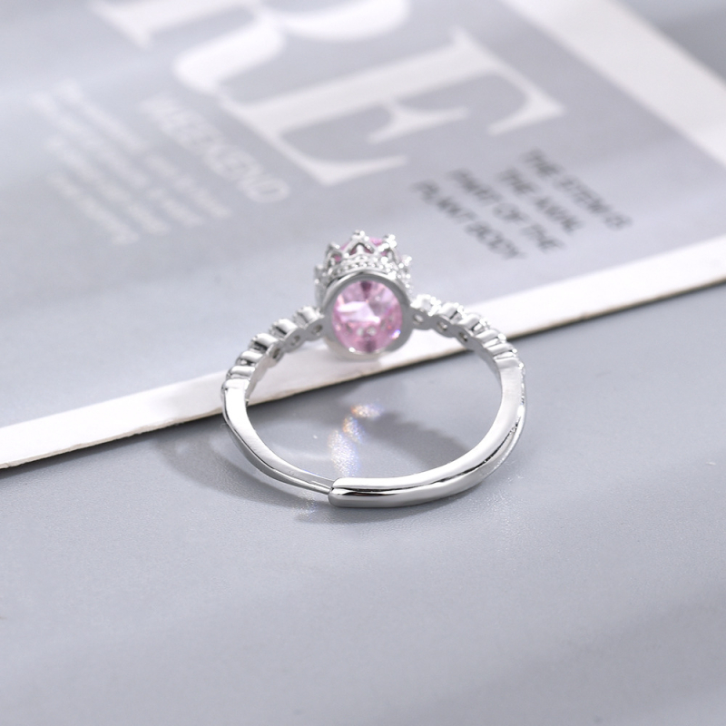 Ženski otvoreni prsten s krunom, ružičasti simulirani topaz, prinčevski stil, elegantan nakit