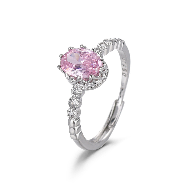 Ženski otvoreni prsten s krunom, ružičasti simulirani topaz, prinčevski stil, elegantan nakit