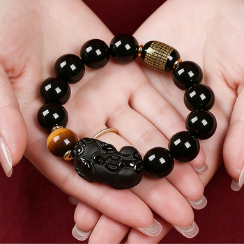 Brățară Pixiu din obsidian cu mărgele, unisex, lustruită, brand Lucky bead, pentru anul nașterii