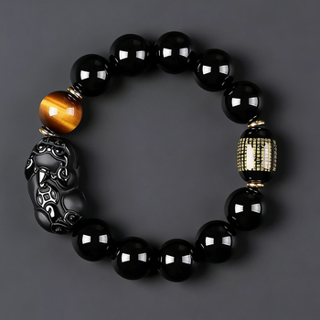 Brățară Pixiu din obsidian cu mărgele, unisex, lustruită, brand Lucky bead, pentru anul nașterii