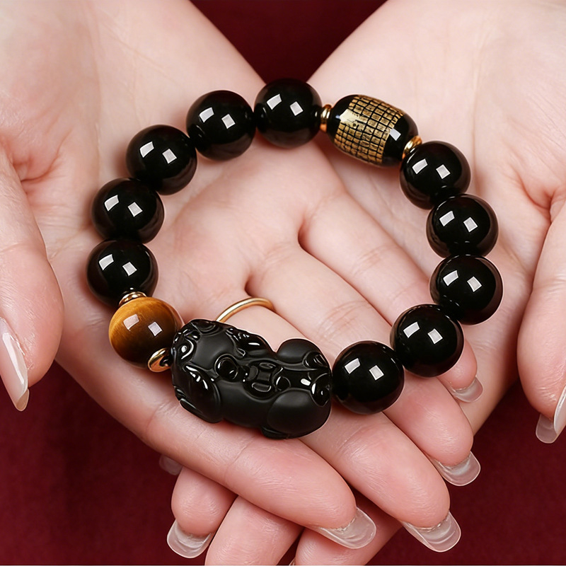 Brățară Pixiu din obsidian cu mărgele, unisex, lustruită, brand Lucky bead, pentru anul nașterii