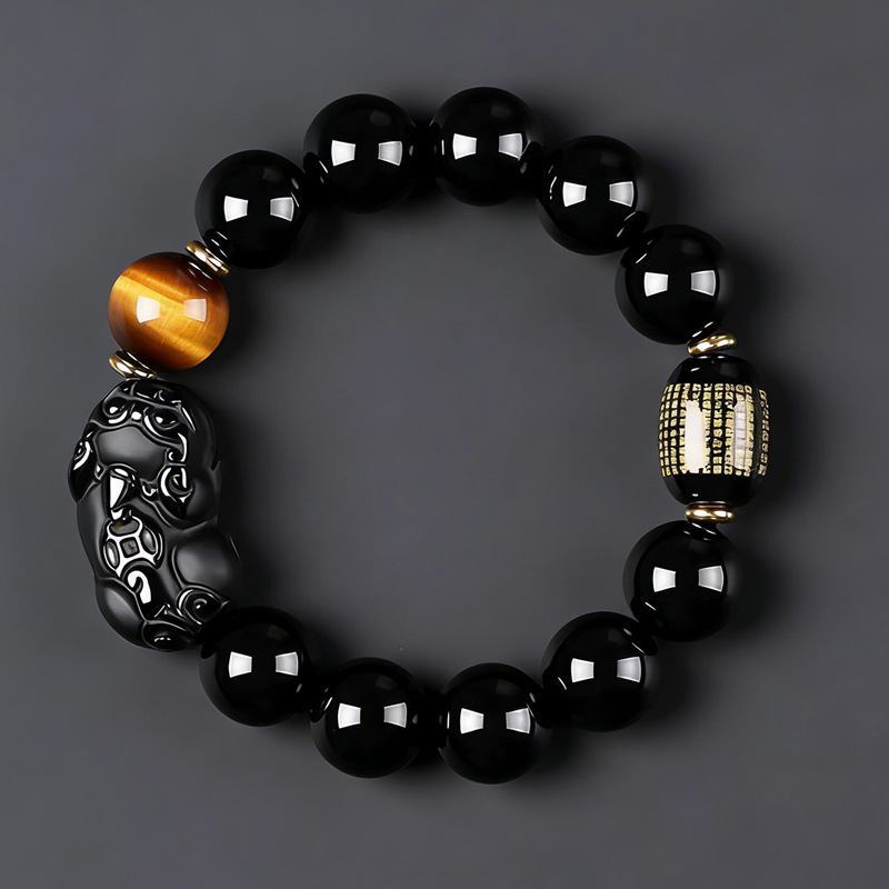 Brățară Pixiu din obsidian cu mărgele, unisex, lustruită, brand Lucky bead, pentru anul nașterii