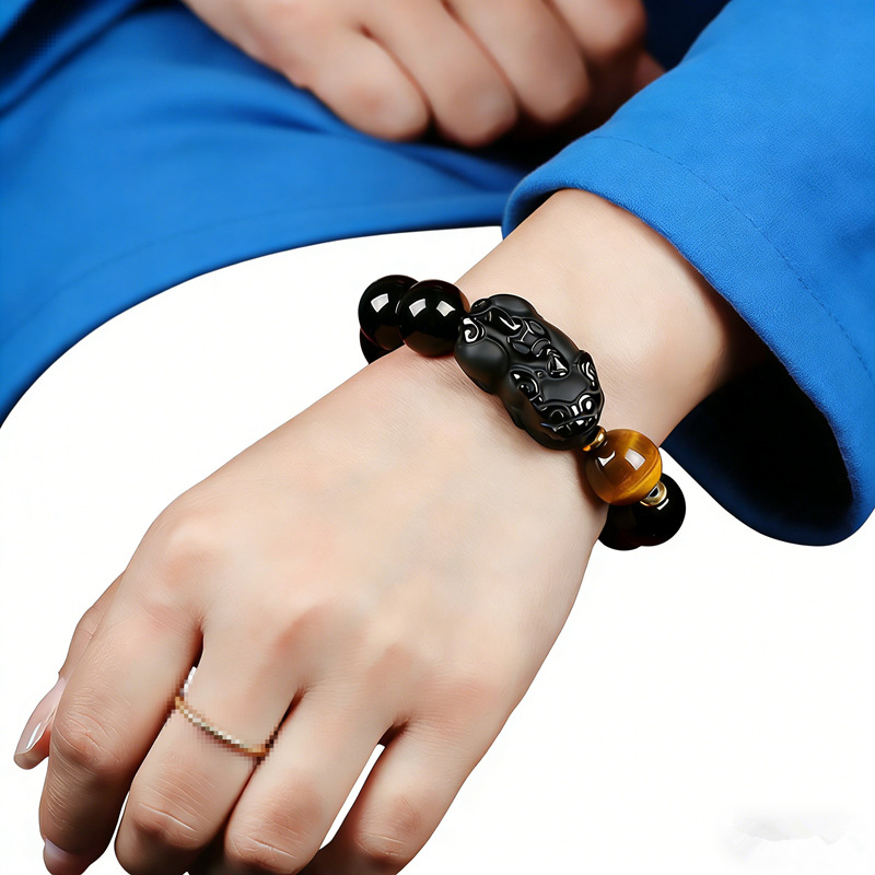 Brățară Pixiu din obsidian cu mărgele, unisex, lustruită, brand Lucky bead, pentru anul nașterii