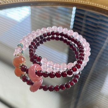 Βραχιόλι με διπλό κυκλικό σχέδιο, κεντρικός ροζ χαλαζίας, πλευρικοί λίθοι από γρανάτη, υλικό κράμα, μάρκα Xuanhua