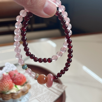 Βραχιόλι με διπλό κυκλικό σχέδιο, κεντρικός ροζ χαλαζίας, πλευρικοί λίθοι από γρανάτη, υλικό κράμα, μάρκα Xuanhua