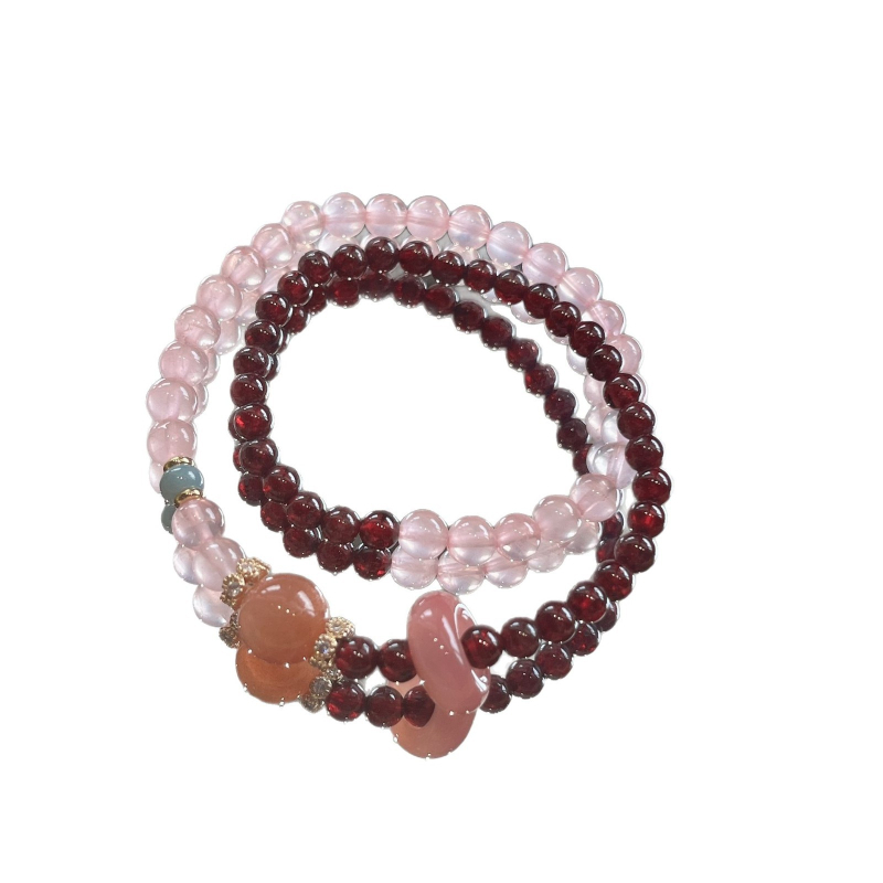 Βραχιόλι με διπλό κυκλικό σχέδιο, κεντρικός ροζ χαλαζίας, πλευρικοί λίθοι από γρανάτη, υλικό κράμα, μάρκα Xuanhua