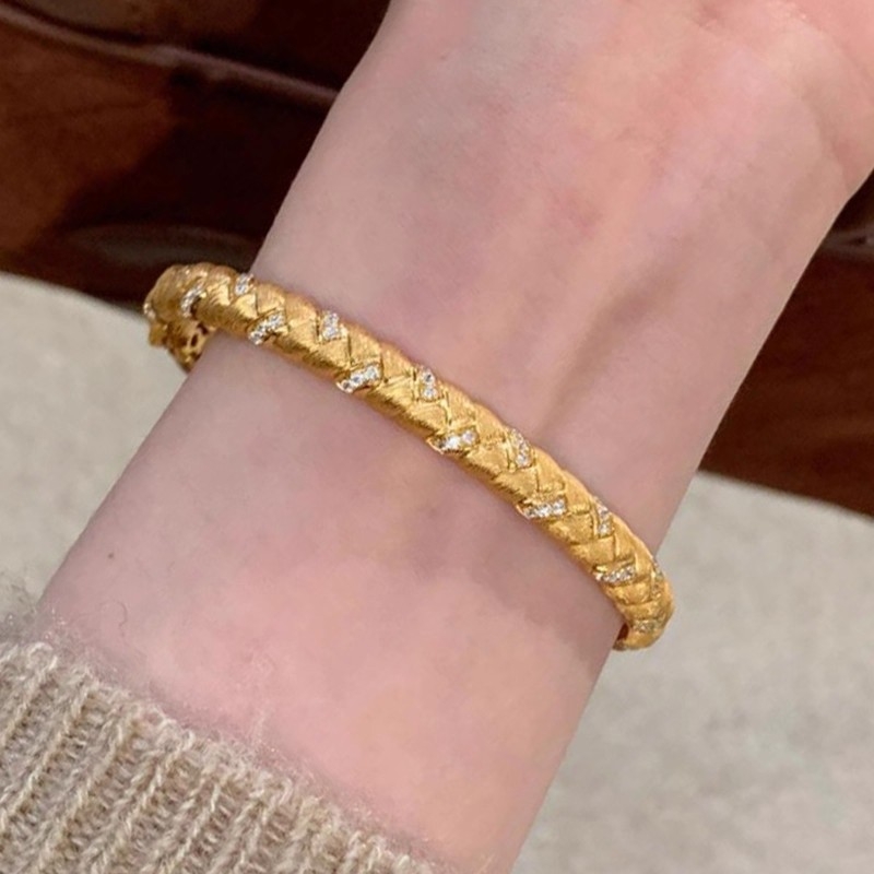 Narukvica s pletenjem od pšeničnog zrna i dijamantnim točkicama, bakar, elektroplating, lagani luksuzni stil