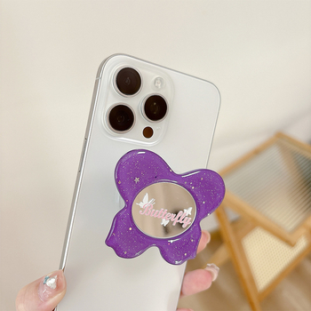 Asztali telefon-tartó csillogó pillangó díszítéssel, kis tükrövel, teleszkópos kar, ragasztóval rögzíthető, műanyag, univerzális kialakítás