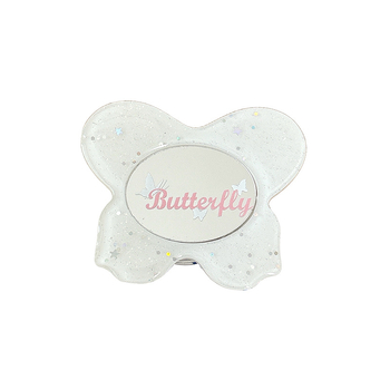 Asztali telefon-tartó csillogó pillangó díszítéssel, kis tükrövel, teleszkópos kar, ragasztóval rögzíthető, műanyag, univerzális kialakítás