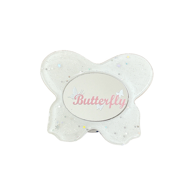 Asztali telefon-tartó csillogó pillangó díszítéssel, kis tükrövel, teleszkópos kar, ragasztóval rögzíthető, műanyag, univerzális kialakítás