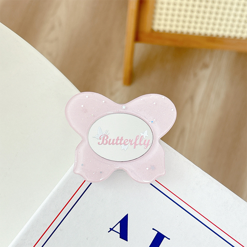 Asztali telefon-tartó csillogó pillangó díszítéssel, kis tükrövel, teleszkópos kar, ragasztóval rögzíthető, műanyag, univerzális kialakítás