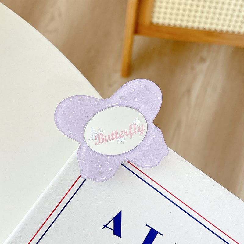 Asztali telefon-tartó csillogó pillangó díszítéssel, kis tükrövel, teleszkópos kar, ragasztóval rögzíthető, műanyag, univerzális kialakítás